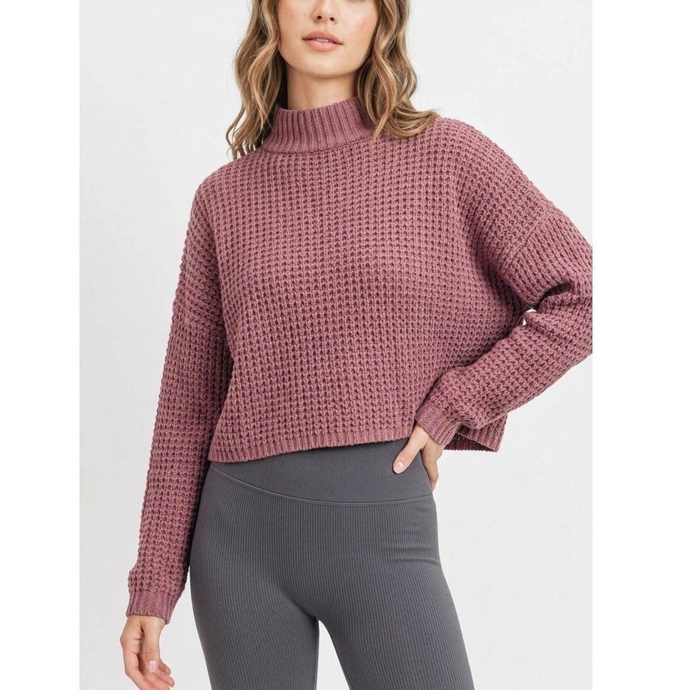 Hollister Burgundy Cropped Mock Neck‎ Sweater Size Large Waffle Knit